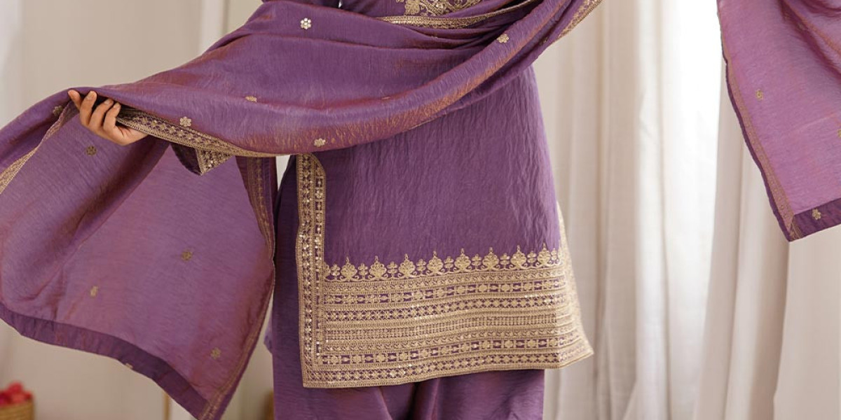 Plum Silk Printed & Embroidered Kurta Set with Banarasi Silk Dupatta